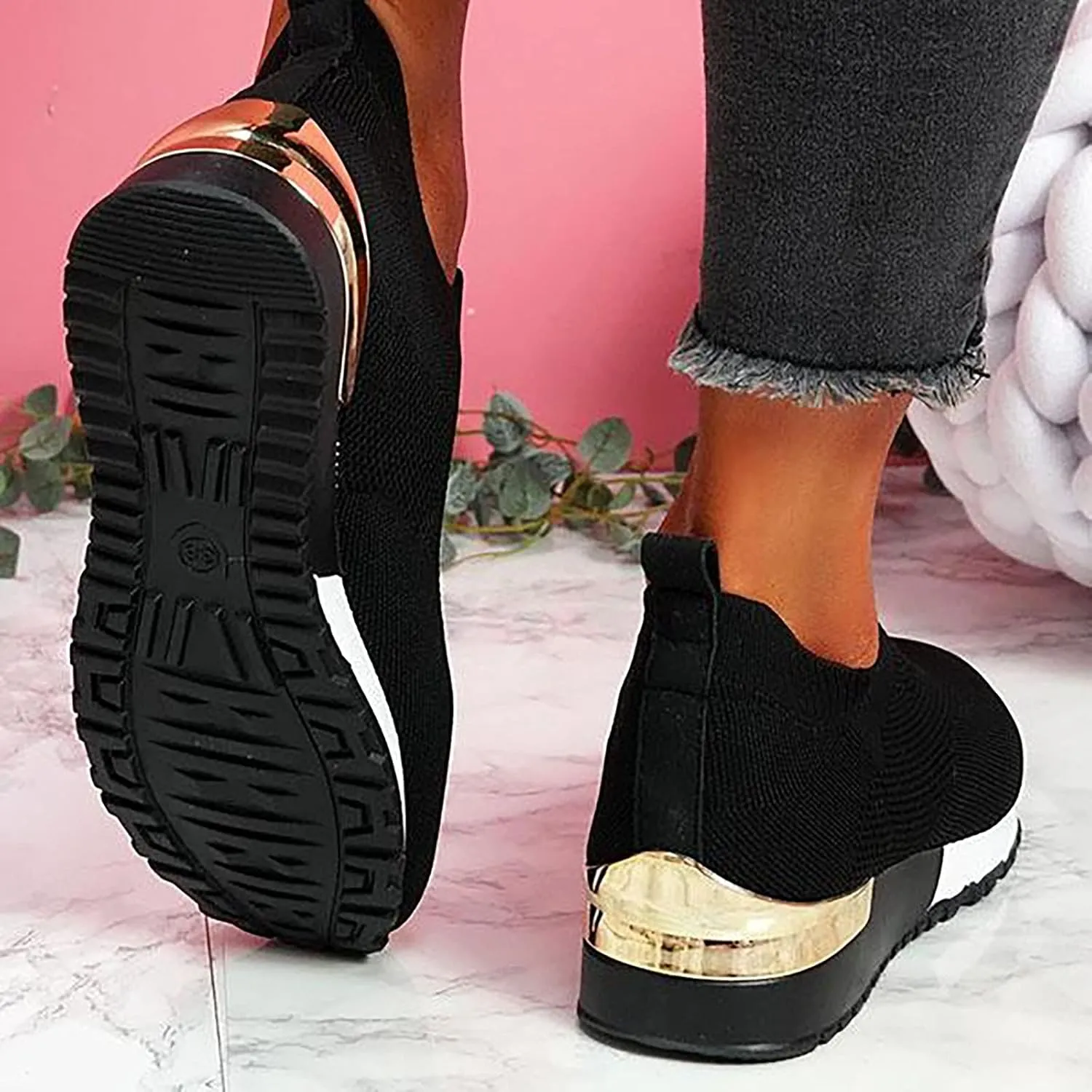 Air Cushion Slip-on Walking Shoes for Women,Orthopedic Diabetic Walking Shoes with Arch Support,Casual Breathable Knit Mesh Wedge Platform Sneaker Sandals
