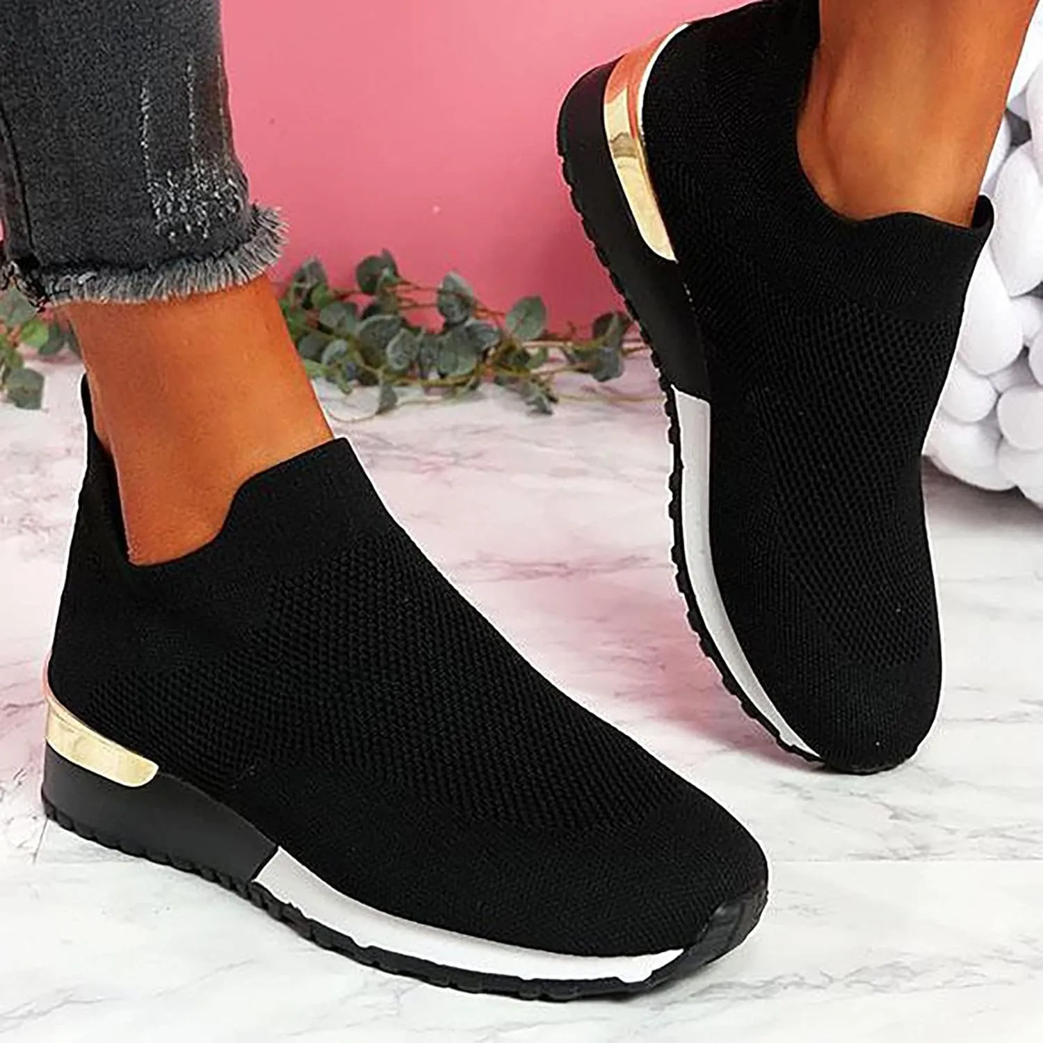 Air Cushion Slip-on Walking Shoes for Women,Orthopedic Diabetic Walking Shoes with Arch Support,Casual Breathable Knit Mesh Wedge Platform Sneaker Sandals