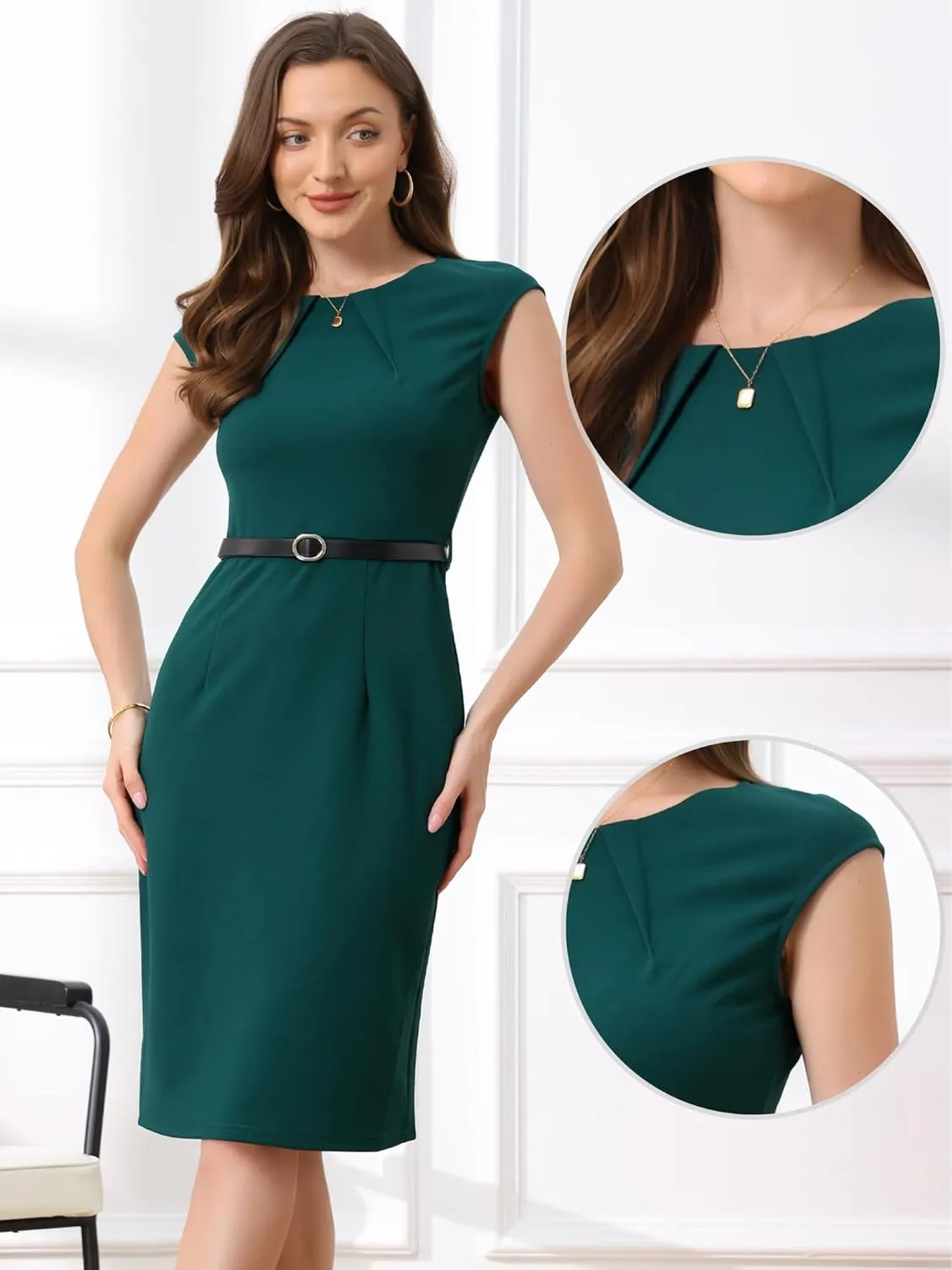 Allegra K Elegant Business Dress for Women's Cap Sleeve Belted Work Sheath Dresses