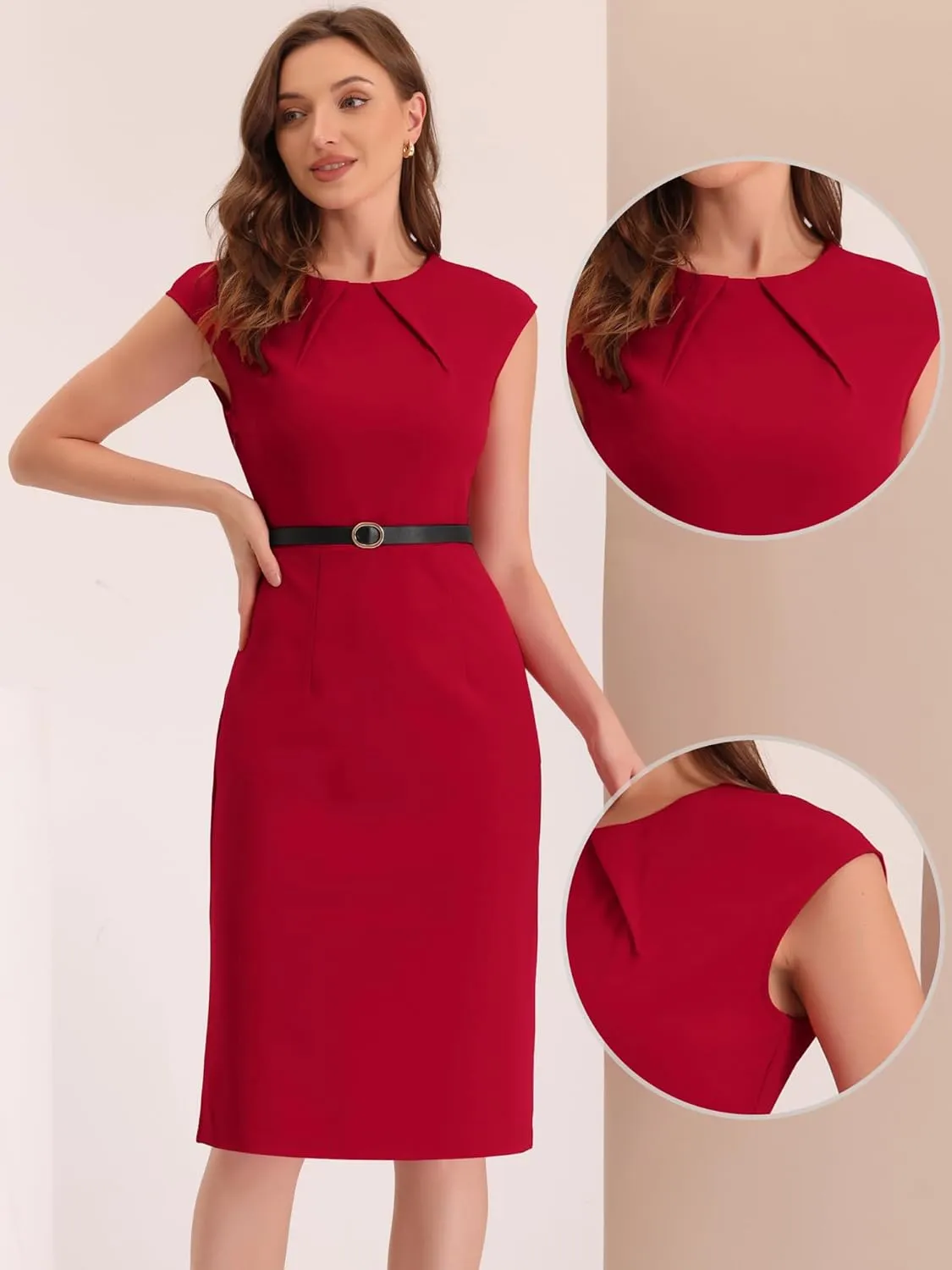 Allegra K Elegant Business Dress for Women's Cap Sleeve Belted Work Sheath Dresses