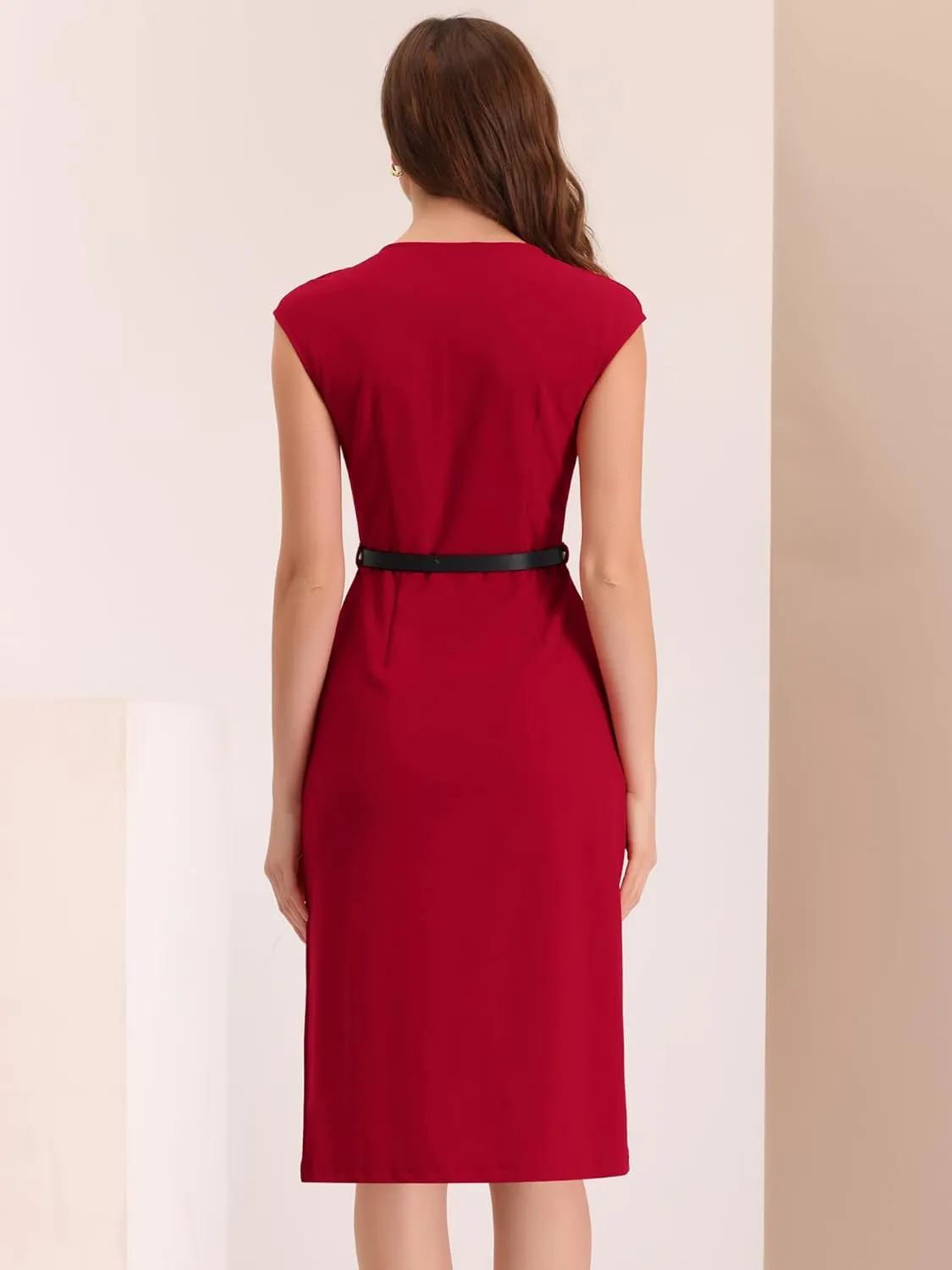 Allegra K Elegant Business Dress for Women's Cap Sleeve Belted Work Sheath Dresses