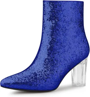 Allegra K Women's Clear Block Heel Glitter Ankle Boots