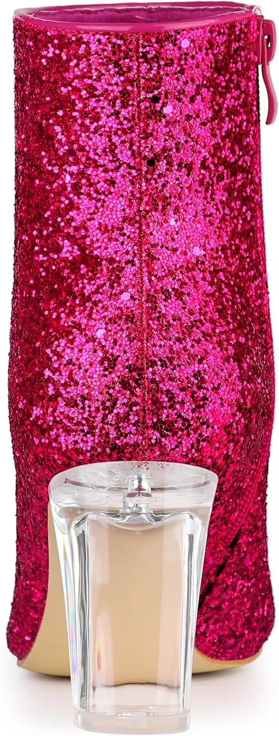 Allegra K Women's Clear Block Heel Glitter Ankle Boots