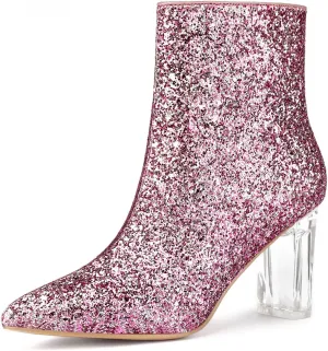 Allegra K Women's Clear Block Heel Glitter Ankle Boots