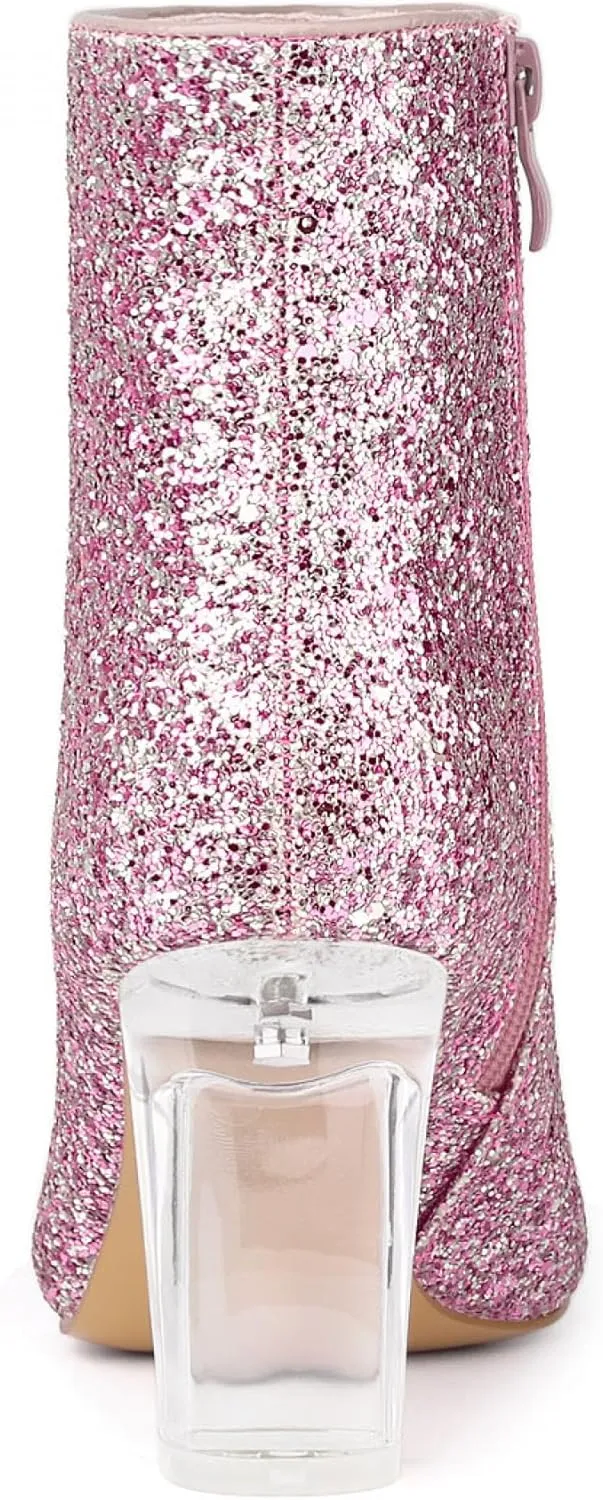 Allegra K Women's Clear Block Heel Glitter Ankle Boots