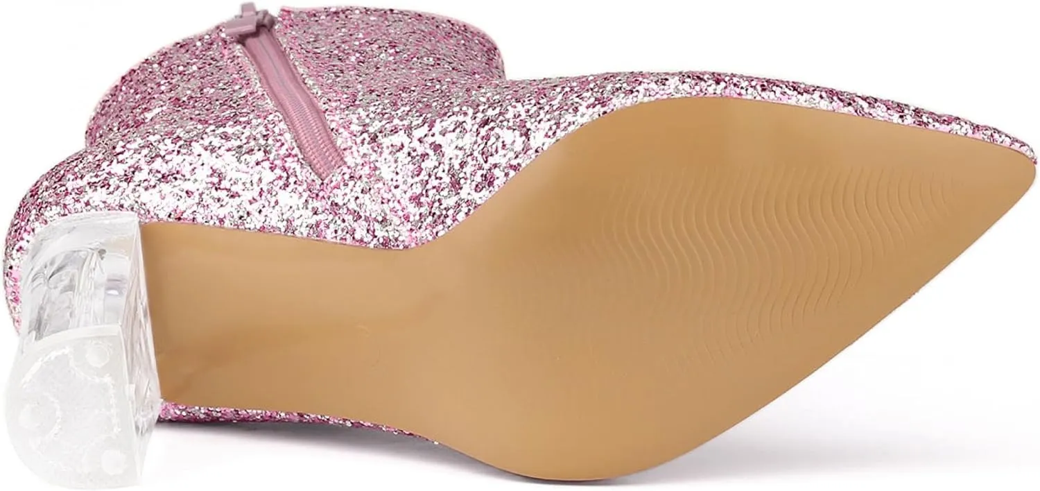 Allegra K Women's Clear Block Heel Glitter Ankle Boots