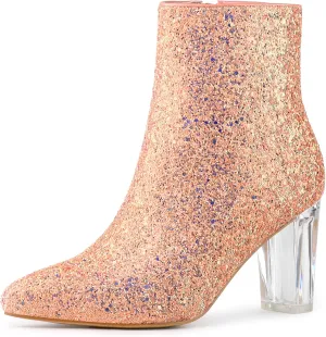 Allegra K Women's Clear Block Heel Glitter Ankle Boots