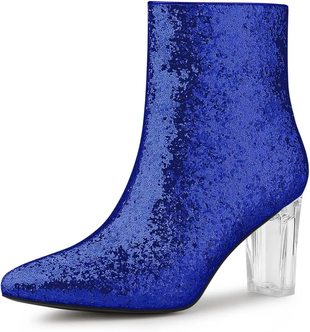 Allegra K Women's Clear Block Heel Glitter Ankle Boots