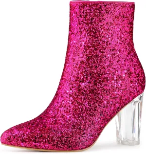 Allegra K Women's Clear Block Heel Glitter Ankle Boots