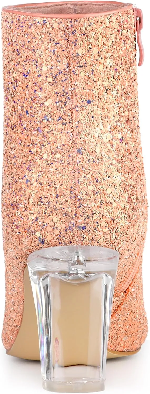 Allegra K Women's Clear Block Heel Glitter Ankle Boots