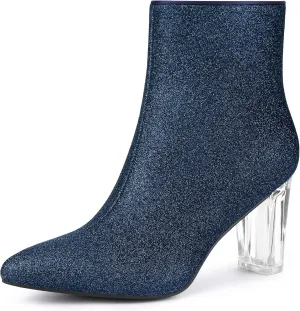 Allegra K Women's Clear Block Heel Glitter Ankle Boots
