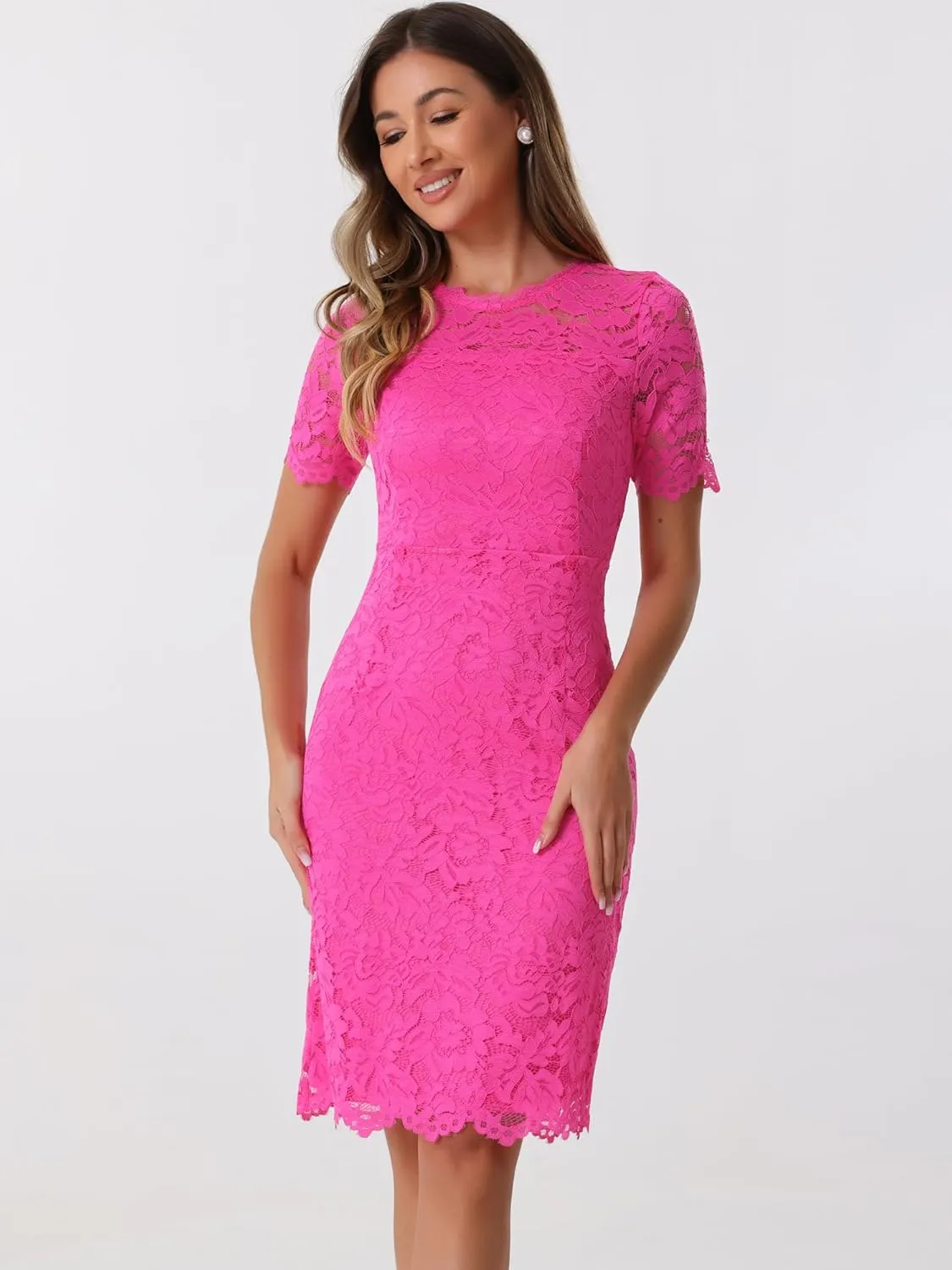 Allegra K Women's Elegant Floral Lace Dress Crew Neck Short Sleeve Cocktail Party Dresses