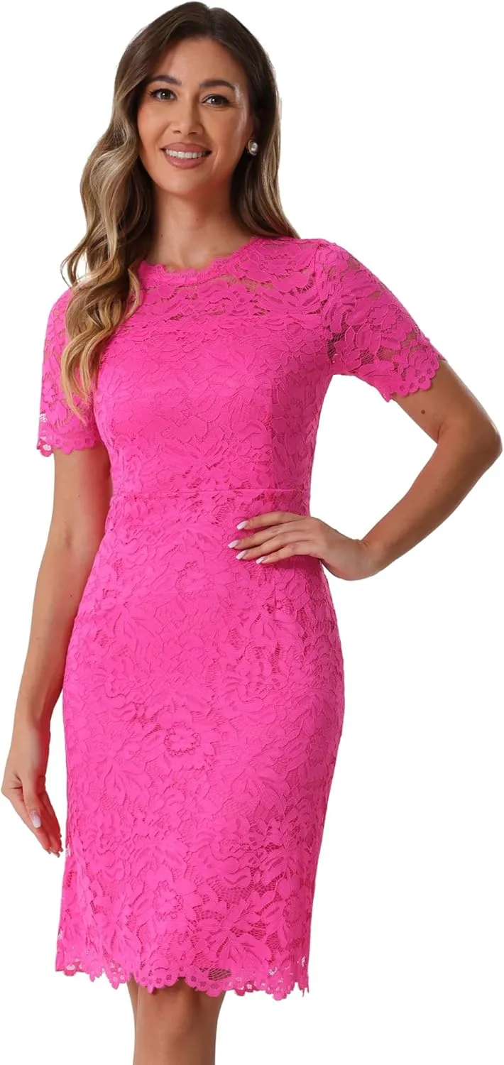 Allegra K Women's Elegant Floral Lace Dress Crew Neck Short Sleeve Cocktail Party Dresses