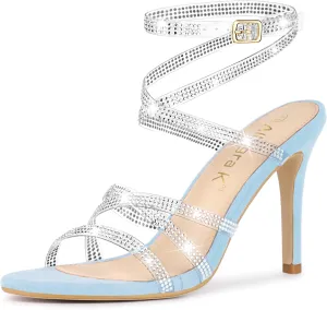 Allegra K Women's Elegant Rhinestone Clear Strap Strappy Stiletto Heels Sandals Over 3 Inch Evening Party Wedding Shoes