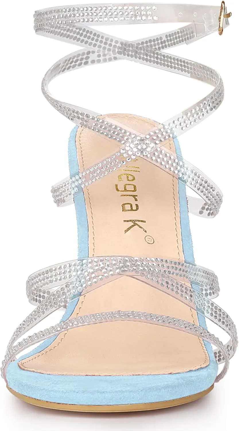 Allegra K Women's Elegant Rhinestone Clear Strap Strappy Stiletto Heels Sandals Over 3 Inch Evening Party Wedding Shoes