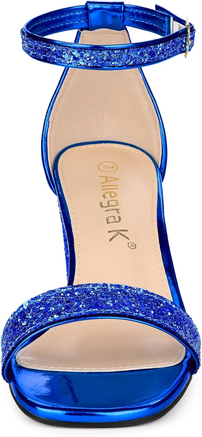 Allegra K Women's Glitter Ankle Strap Chunky Heeled Sandals