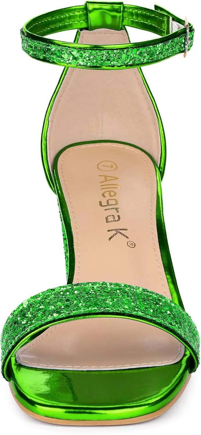 Allegra K Women's Glitter Ankle Strap Chunky Heeled Sandals