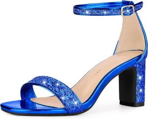 Allegra K Women's Glitter Ankle Strap Chunky Heeled Sandals