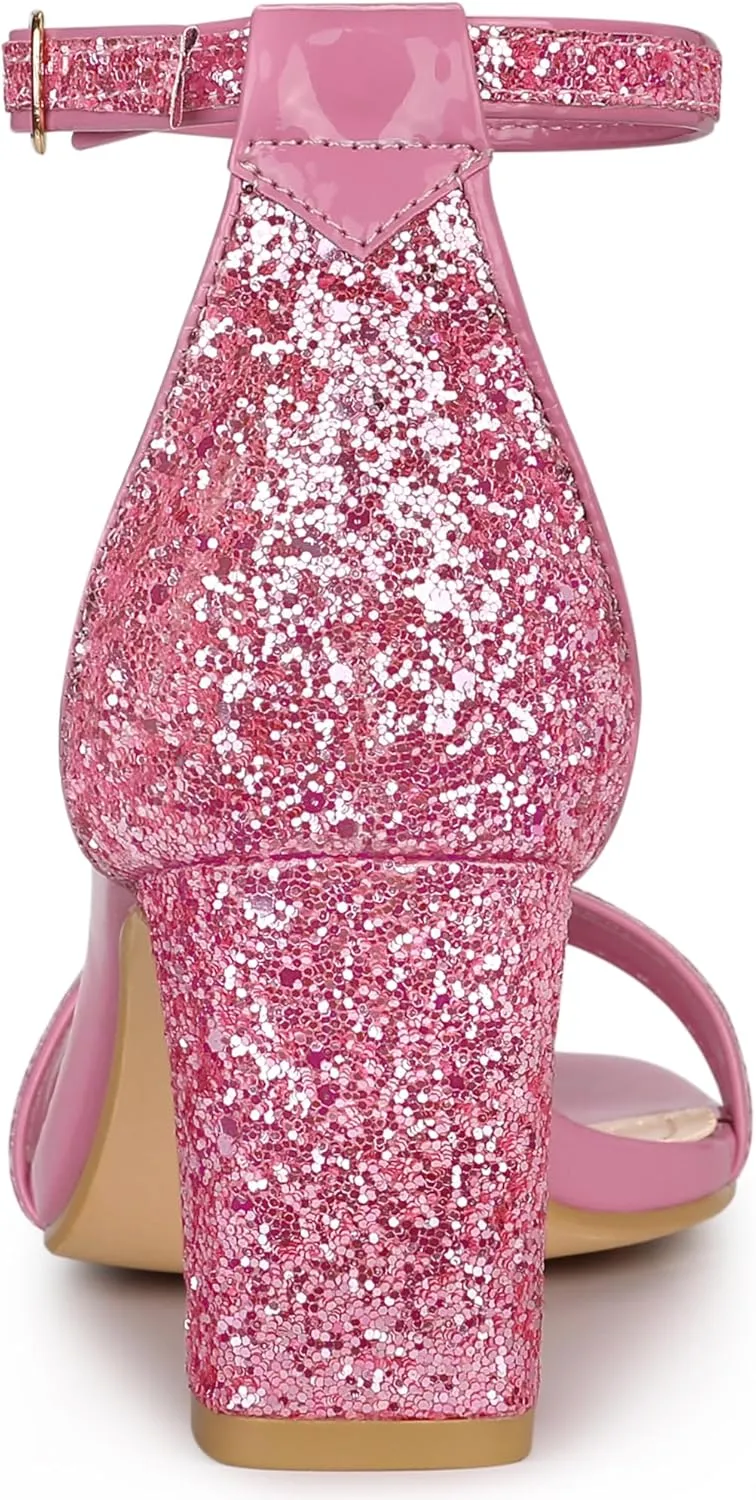 Allegra K Women's Glitter Ankle Strap Chunky Heeled Sandals