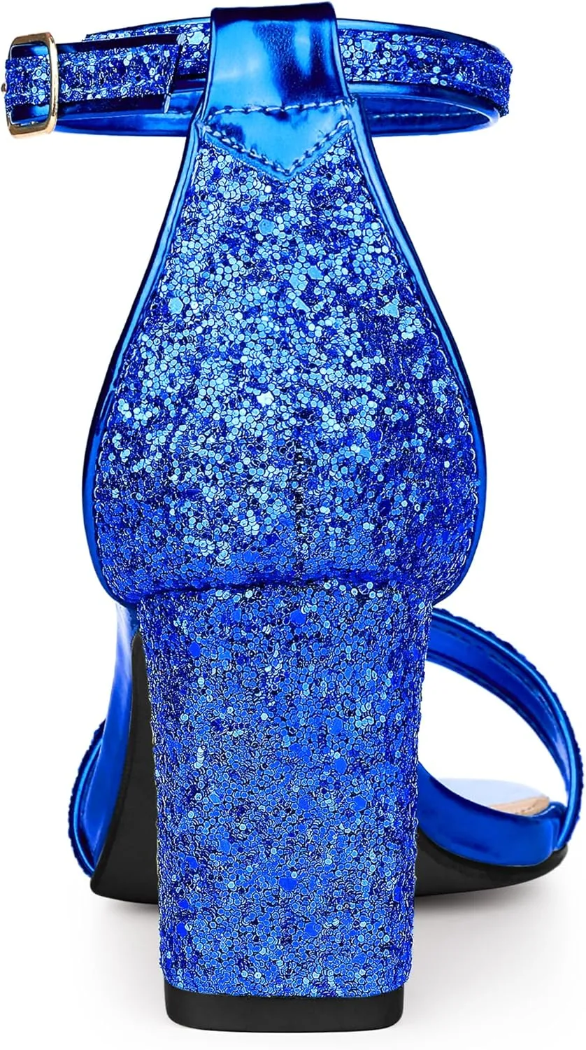 Allegra K Women's Glitter Ankle Strap Chunky Heeled Sandals