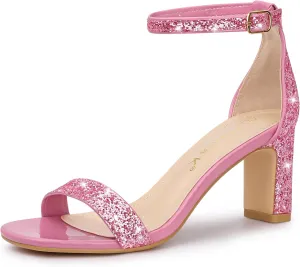 Allegra K Women's Glitter Ankle Strap Chunky Heeled Sandals