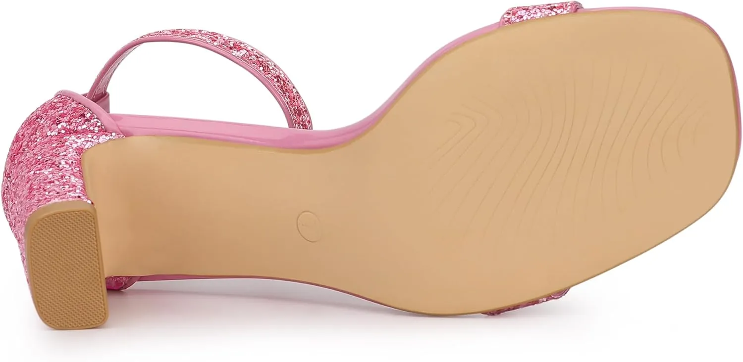 Allegra K Women's Glitter Ankle Strap Chunky Heeled Sandals