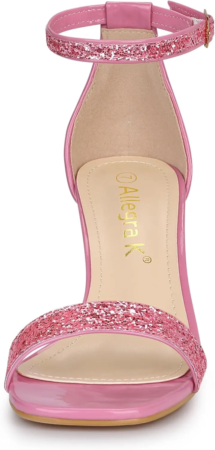 Allegra K Women's Glitter Ankle Strap Chunky Heeled Sandals