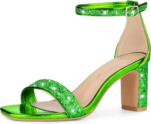 Allegra K Women's Glitter Ankle Strap Chunky Heeled Sandals