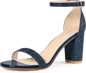 Allegra K Women's Glitter Ankle Strap Chunky Heels Sandals