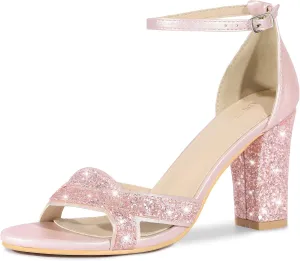 Allegra K Women's Glitter Ankle Strap High Chunky Heel Sandals