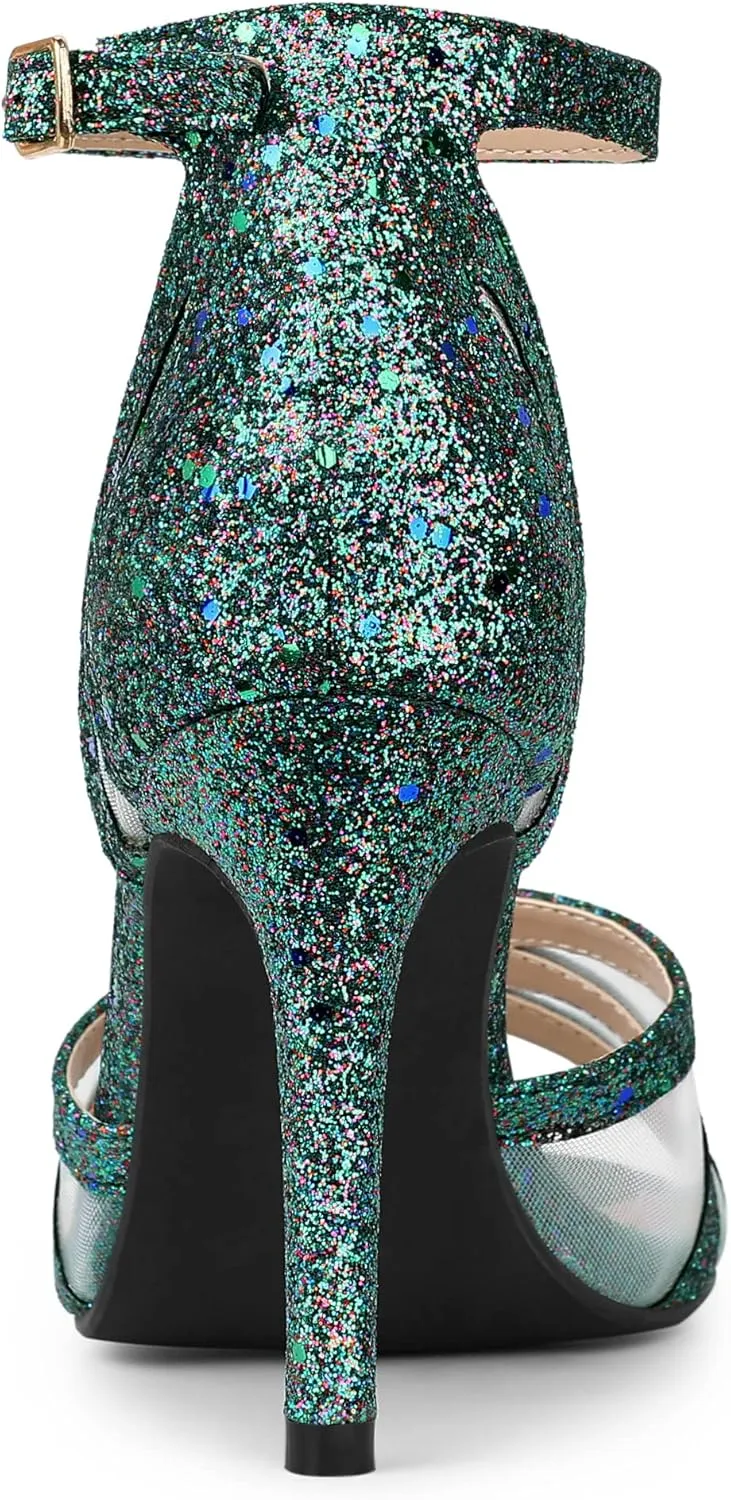 Allegra K Women's Glitter Ankle Strap Stiletto Heels Sandals