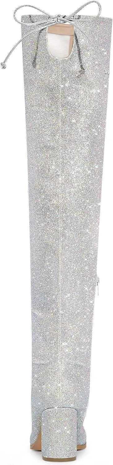 Allegra K Women's Glitter Boots Round Toe Chunky Heel Over the Knee High Boots