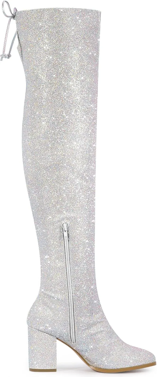 Allegra K Women's Glitter Boots Round Toe Chunky Heel Over the Knee High Boots