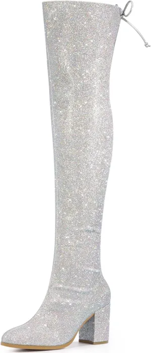 Allegra K Women's Glitter Boots Round Toe Chunky Heel Over the Knee High Boots