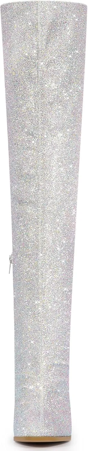 Allegra K Women's Glitter Boots Round Toe Chunky Heel Over the Knee High Boots