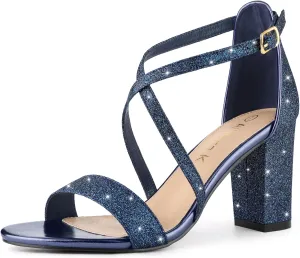 Allegra K Women's Glitter Crisscross Strap Block Heels Sandals