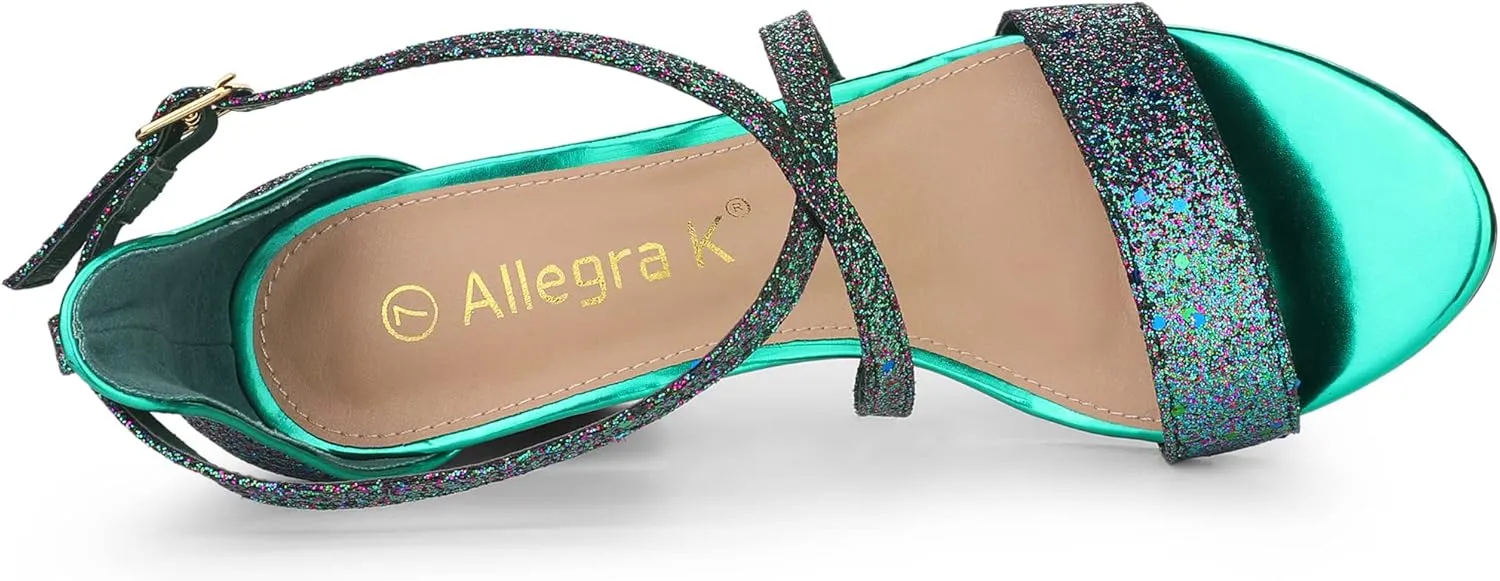 Allegra K Women's Glitter Crisscross Strap Block Heels Sandals