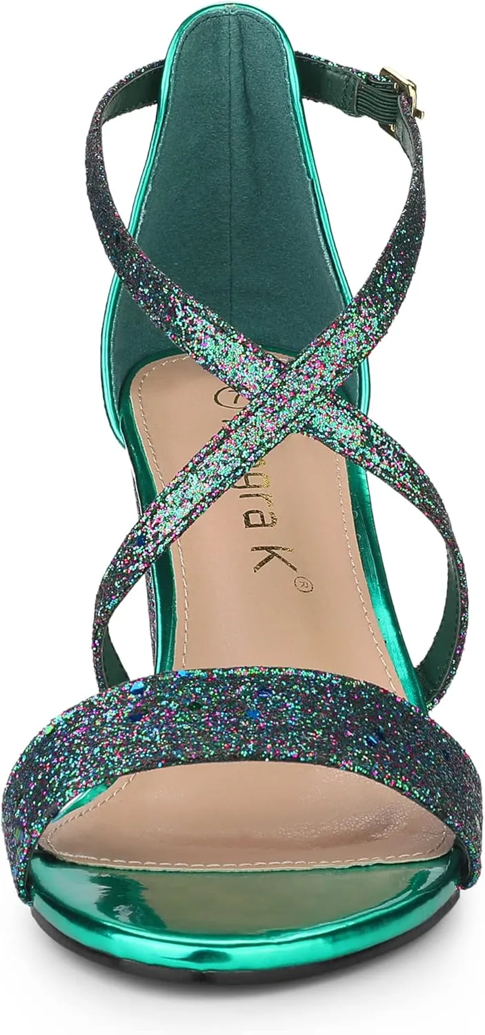 Allegra K Women's Glitter Crisscross Strap Block Heels Sandals