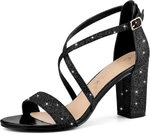 Allegra K Women's Glitter Crisscross Strap Block Heels Sandals