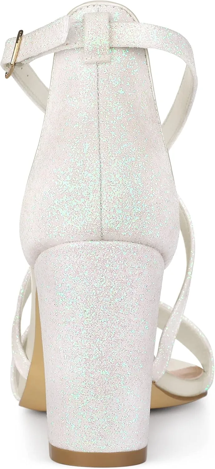 Allegra K Women's Glitter Crisscross Strap Block Heels Sandals