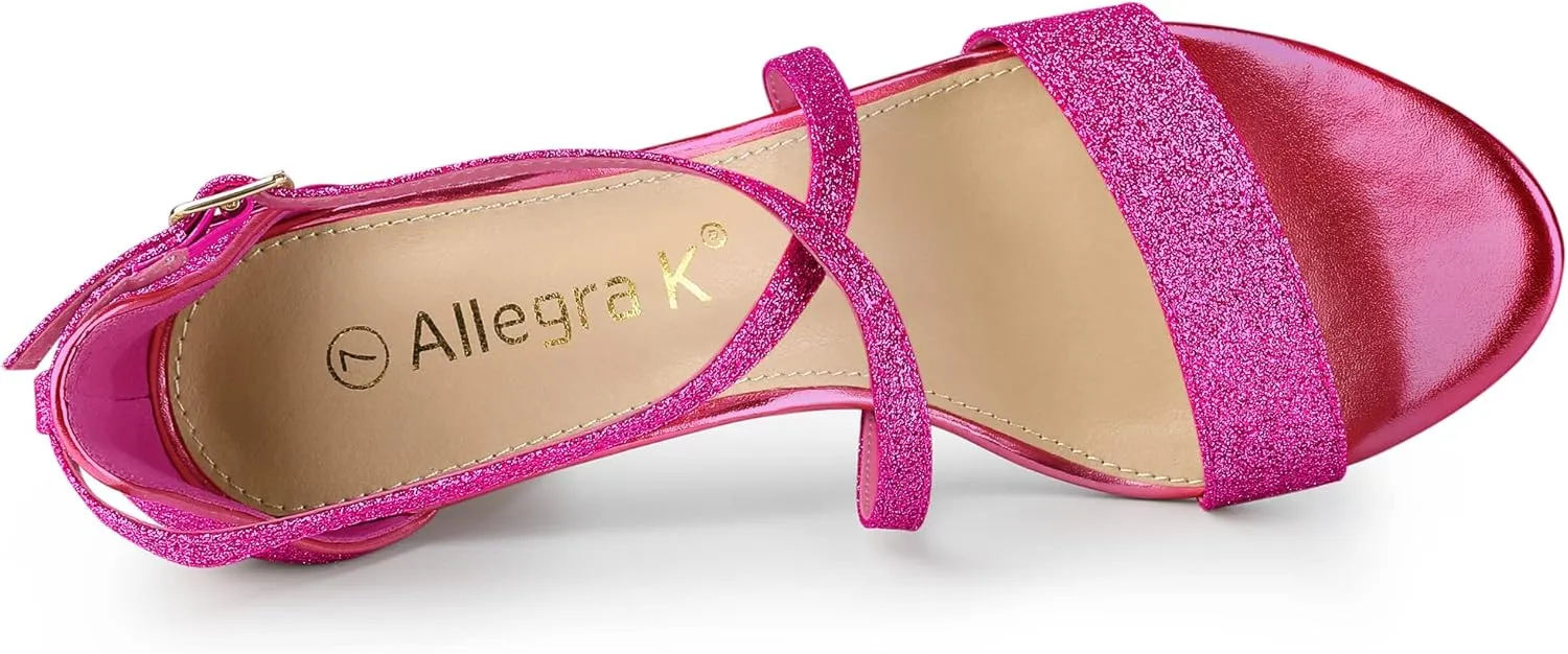 Allegra K Women's Glitter Crisscross Strap Block Heels Sandals