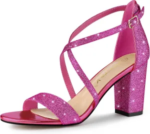 Allegra K Women's Glitter Crisscross Strap Block Heels Sandals