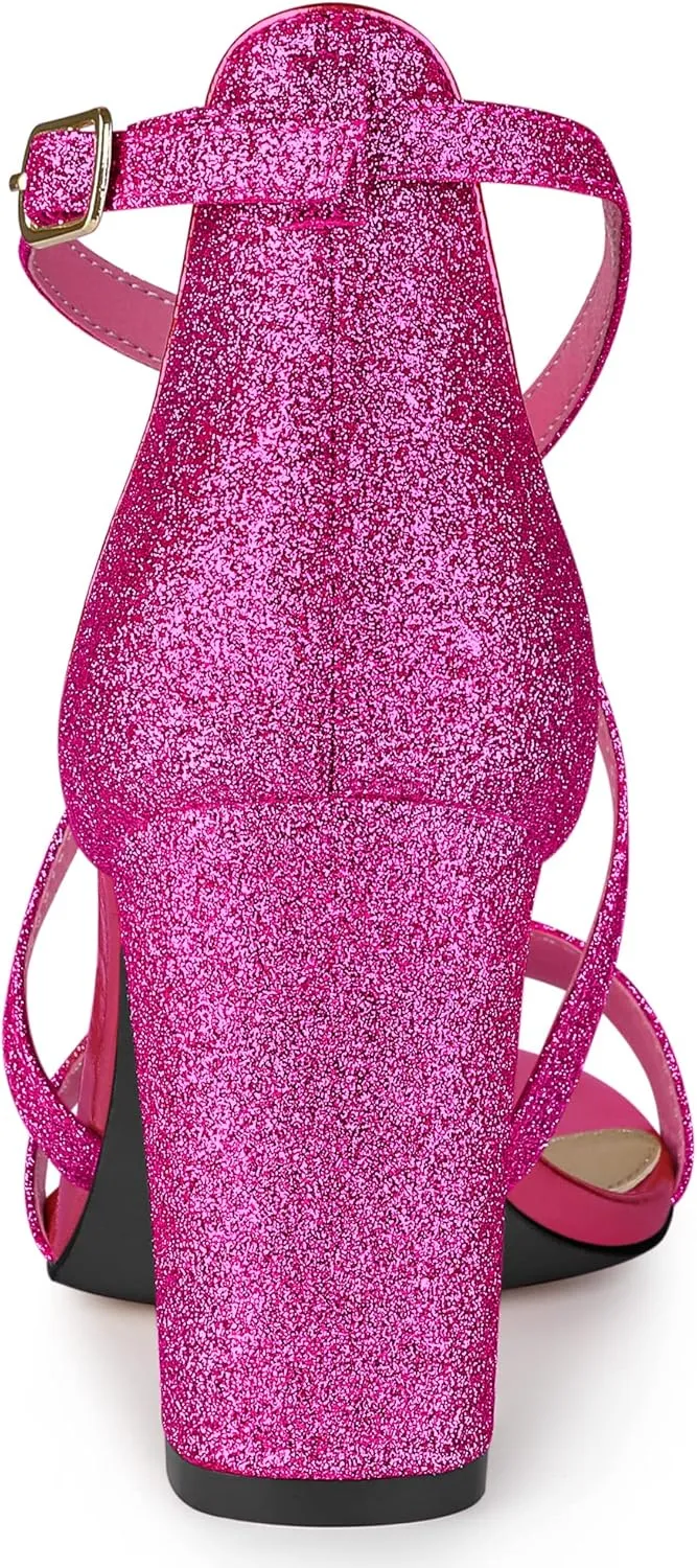 Allegra K Women's Glitter Crisscross Strap Block Heels Sandals