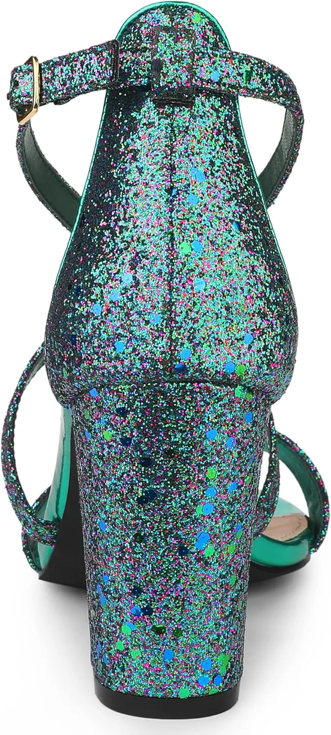 Allegra K Women's Glitter Crisscross Strap Block Heels Sandals