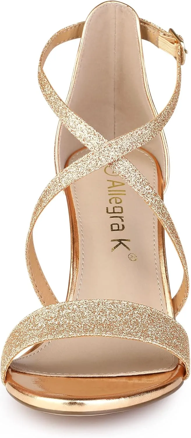 Allegra K Women's Glitter Crisscross Strap Block Heels Sandals