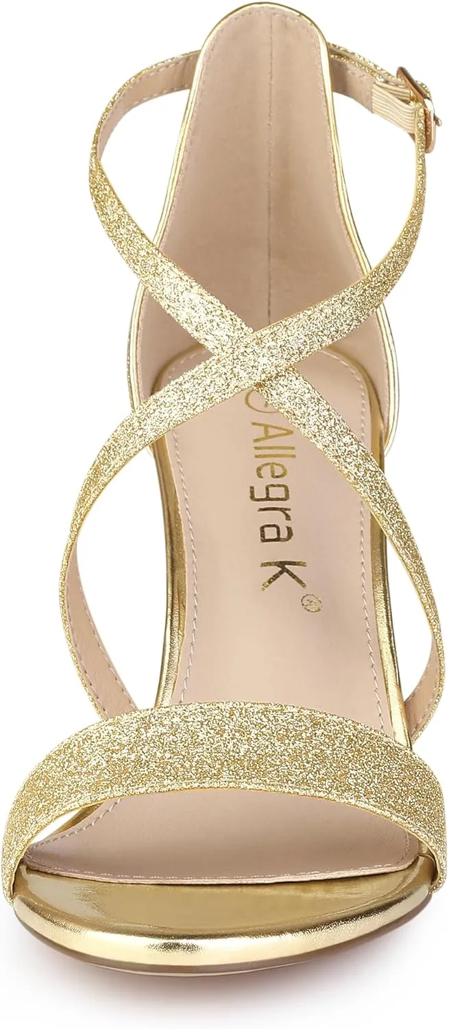 Allegra K Women's Glitter Crisscross Strap Block Heels Sandals