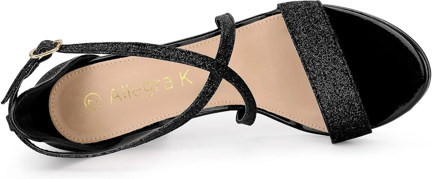 Allegra K Women's Glitter Crisscross Strap Block Heels Sandals