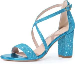 Allegra K Women's Glitter Crisscross Strap Block Heels Sandals