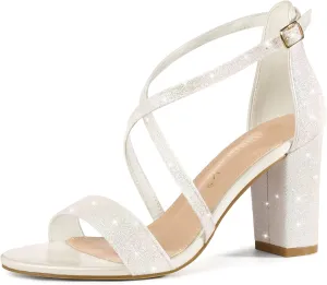 Allegra K Women's Glitter Crisscross Strap Block Heels Sandals