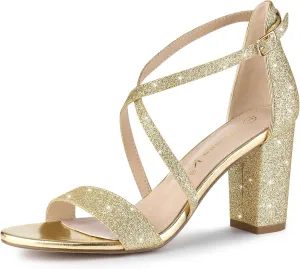 Allegra K Women's Glitter Crisscross Strap Block Heels Sandals